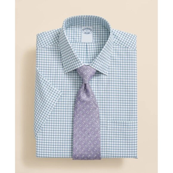 NEW BROOKS BROTHERS Stretch Ainsley Windowpane SHORT SLEEVE Dress Shirt 15 BLUE